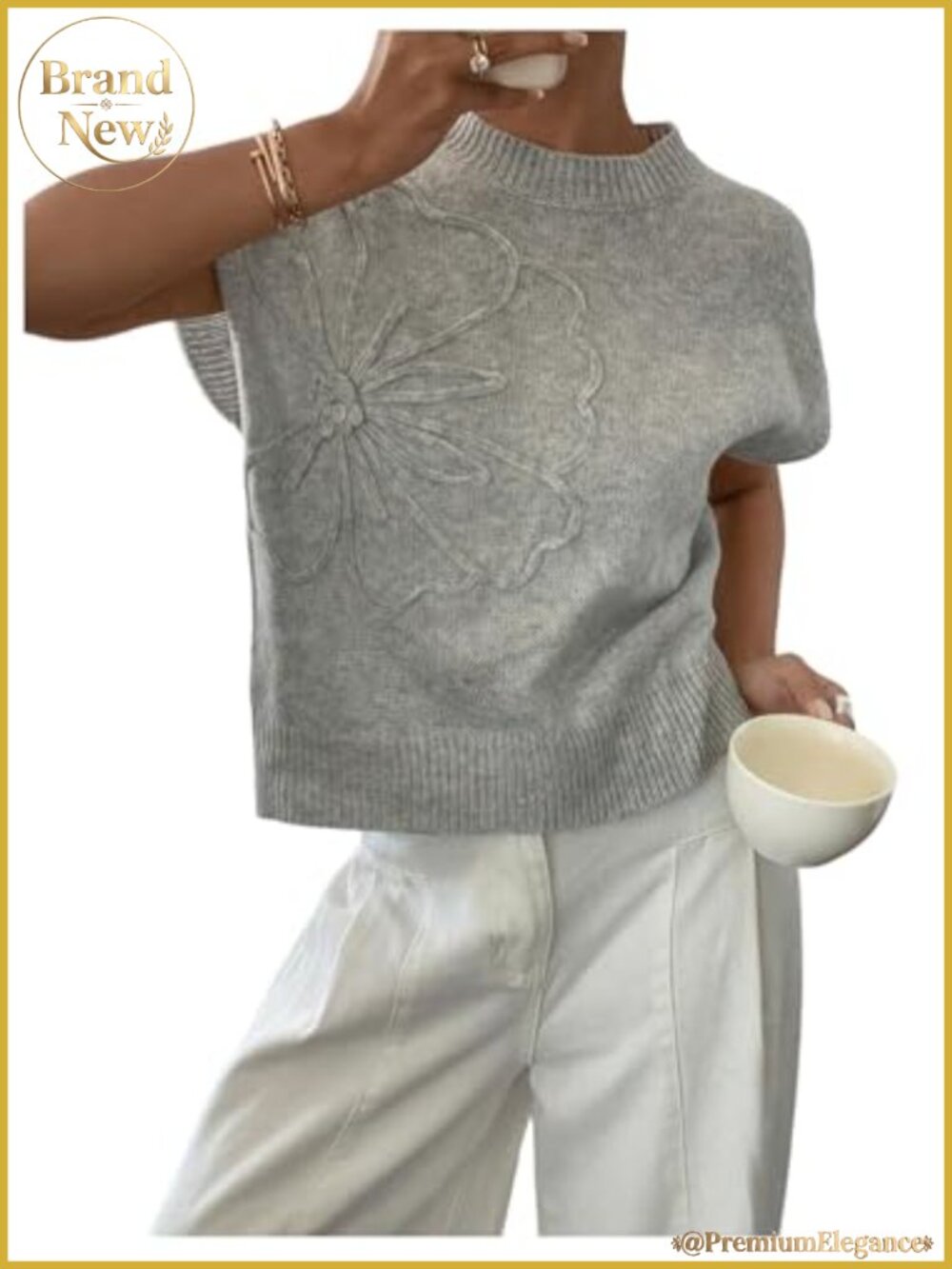 Women's 3D Floral Knit Short Sleeve Pullover Sweater Loose Fit Crew Neck